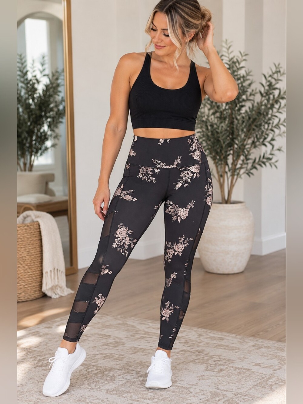 Summer Ray Black Floral Mesh Panel High Rise Leggings SIZE M
